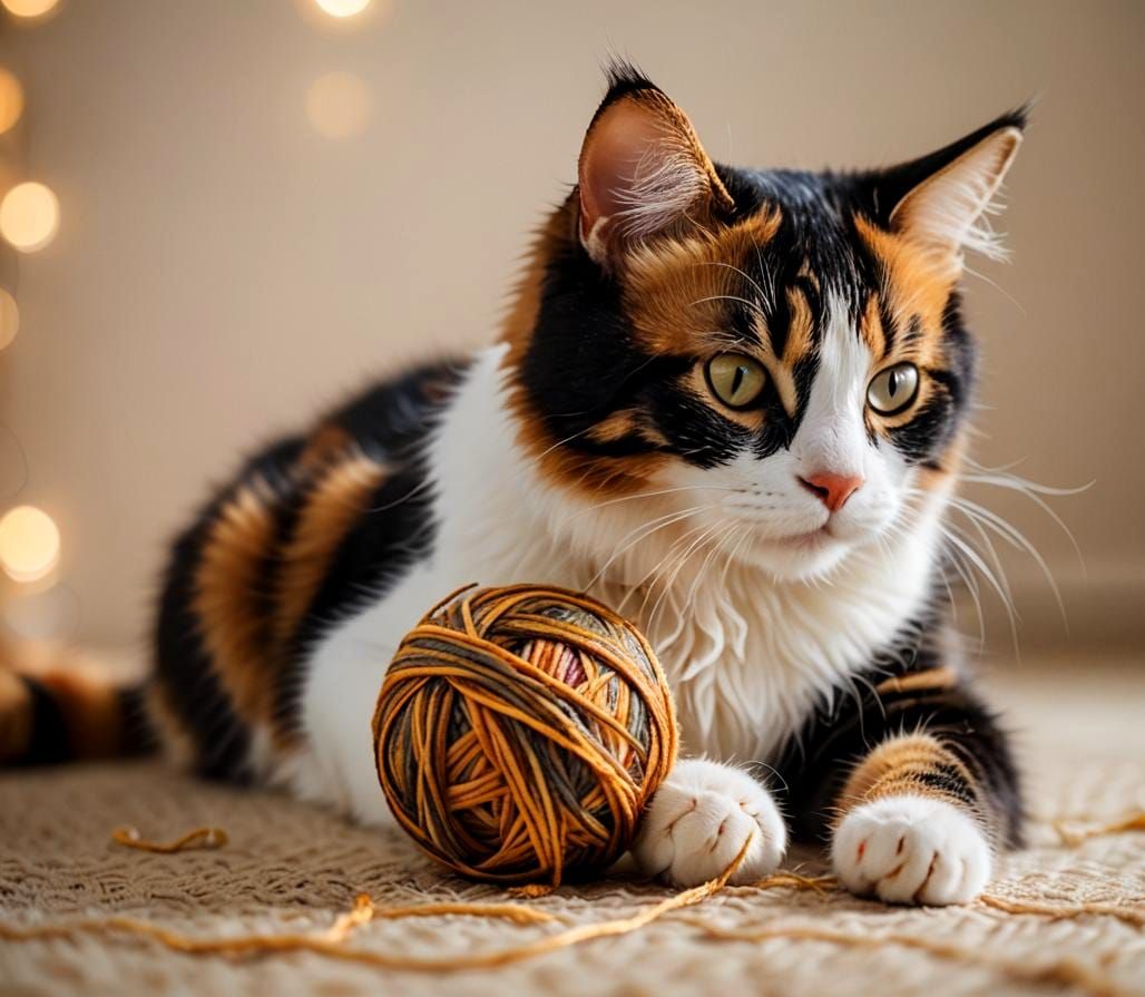 Calico Cat Plays with Yarn: Professional Photo