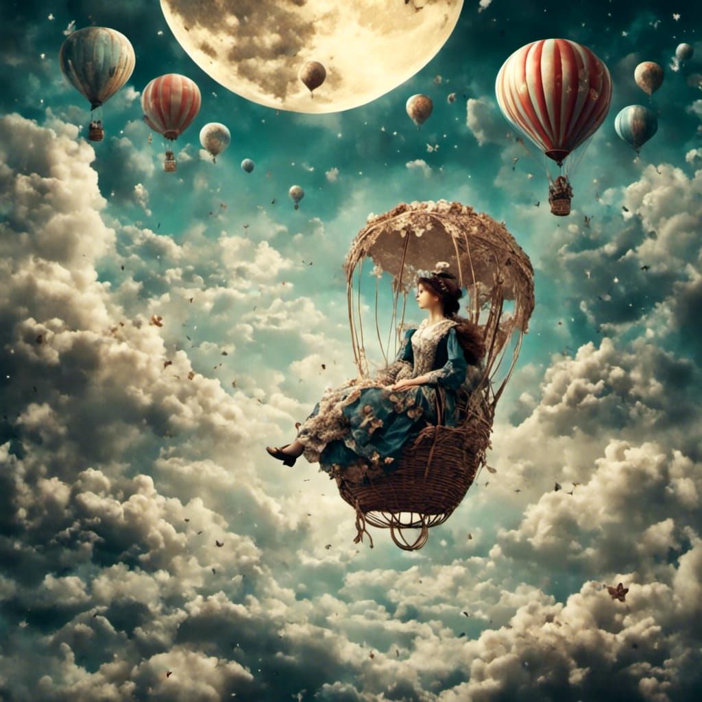 19th Century Woman in Hot Air Balloon Over Moon