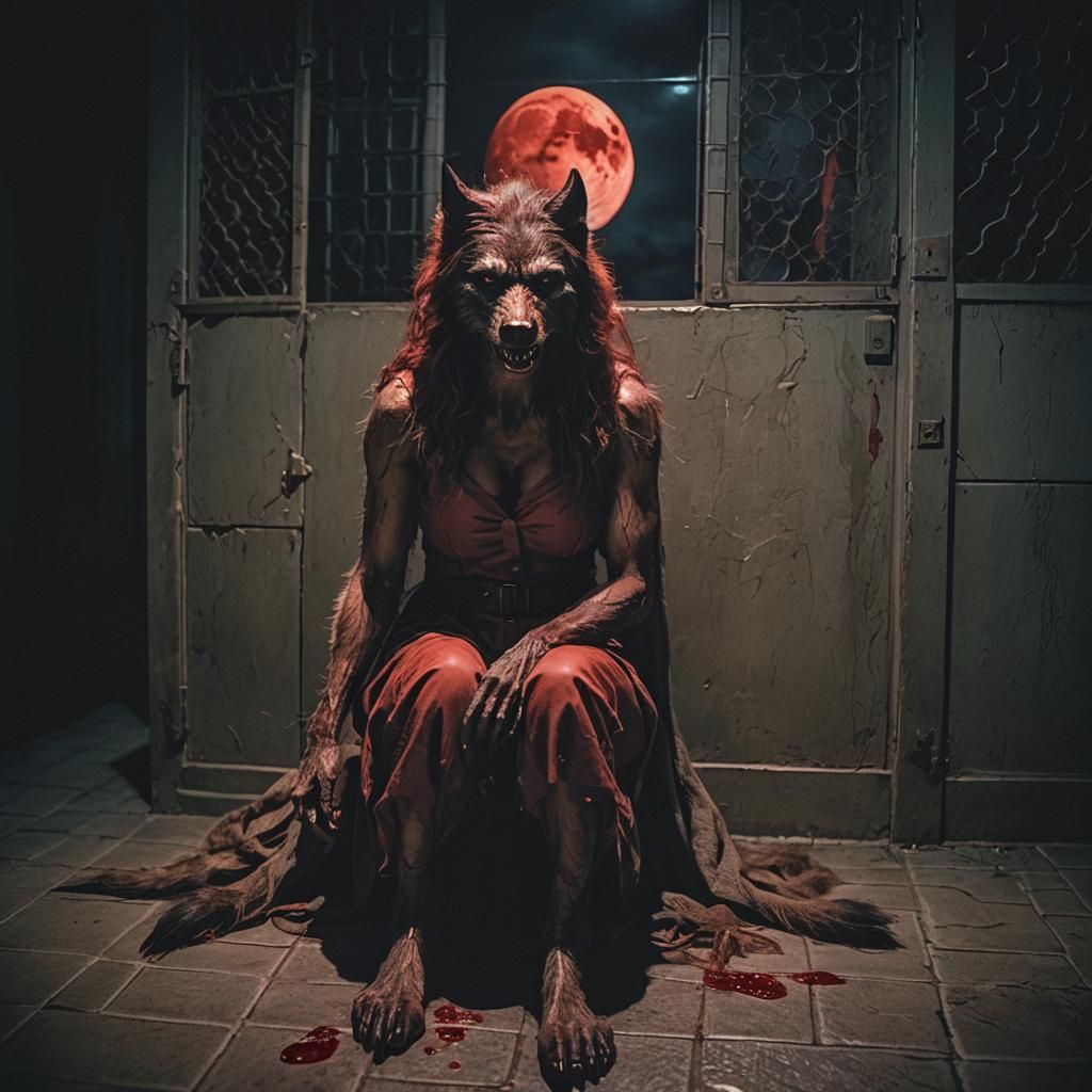 female werewolf, trapped in cell, sitting back to a wall in the moonlight projecting onto the floor reflecting across he...