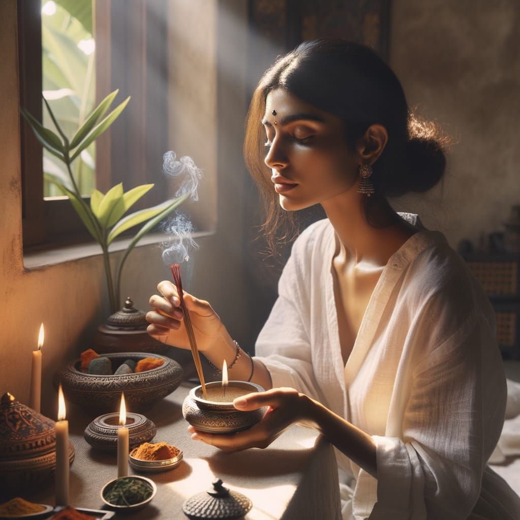 Serene Woman Lighting Incense at Home Altar
