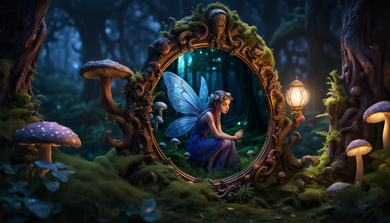 Night Forest Fairy Gazing in Ornate Mirror