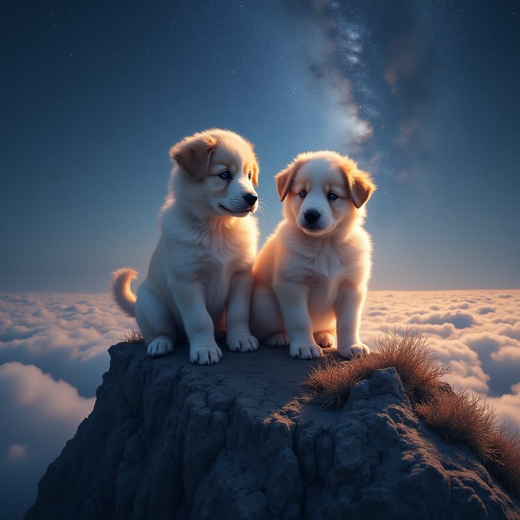 Puppies on Mountain Peak Under Starry Galaxy