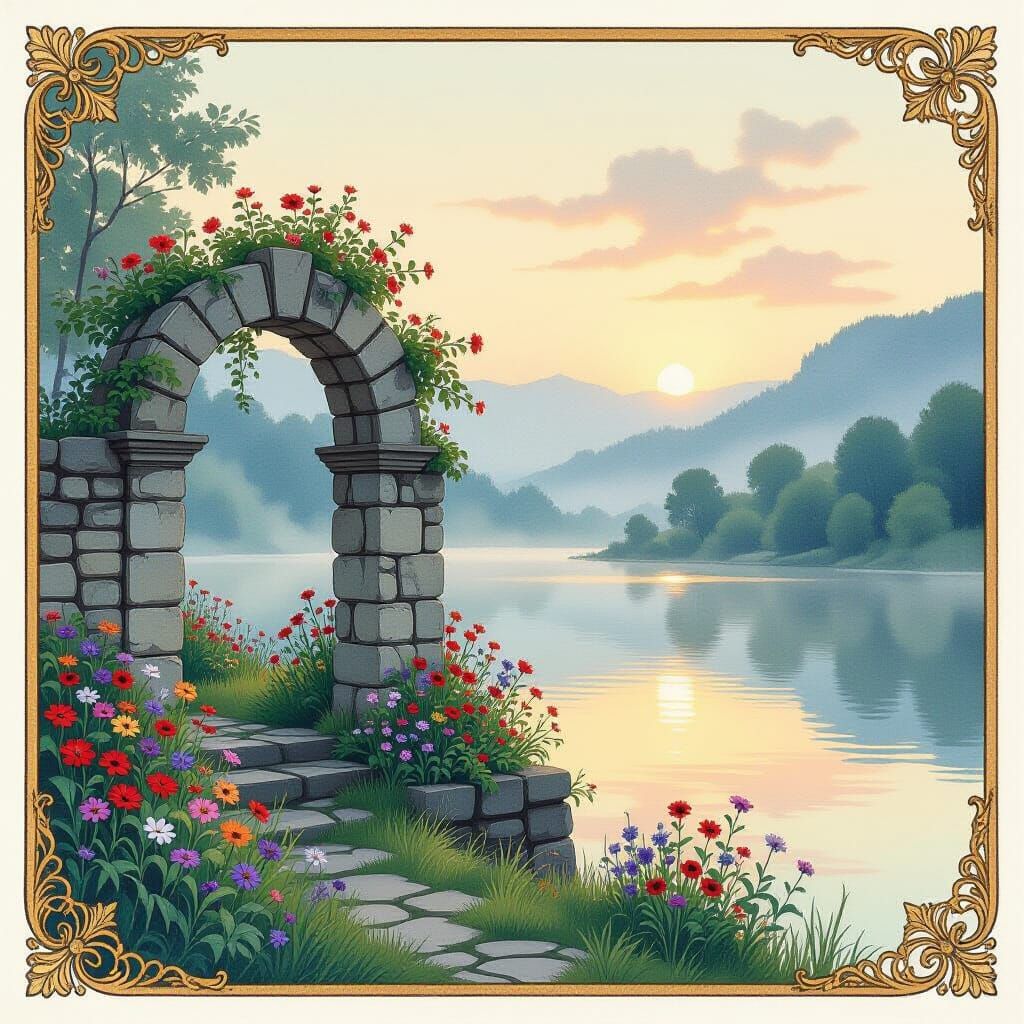 Misty Lake Archway at Dawn in Watercolor Style