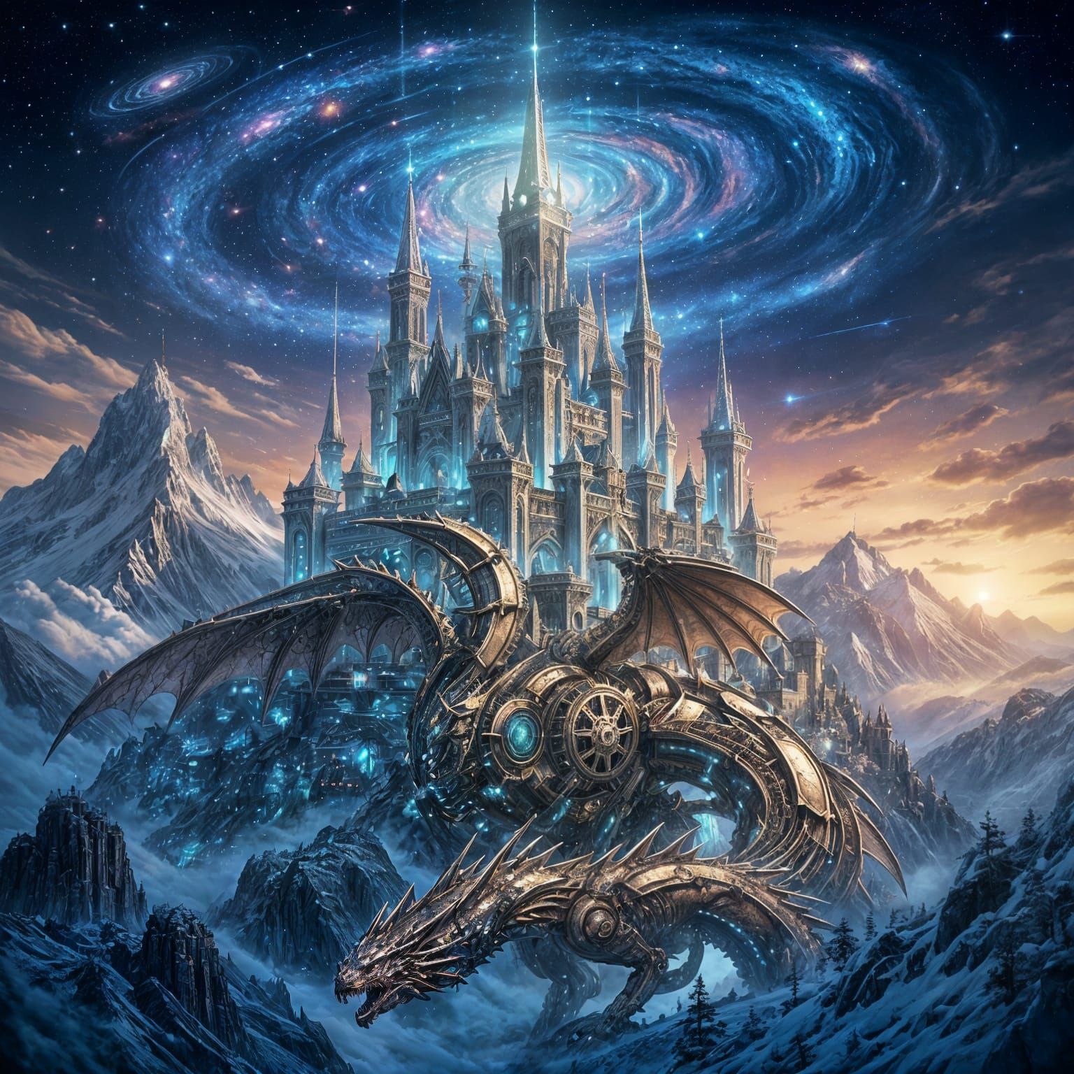 Anime Mechanical Castle in Cosmic Sky Guarded by Dragon