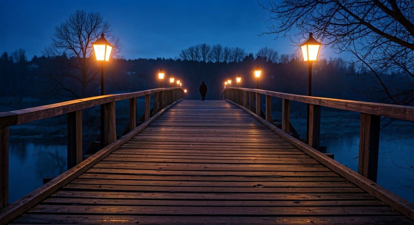 Cursed Wooden Bridge at Midnight in Misty River