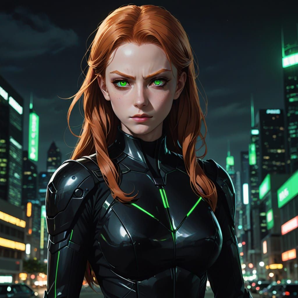 Anime Villainess with Fiery Red Hair and Glowing Green Eyes