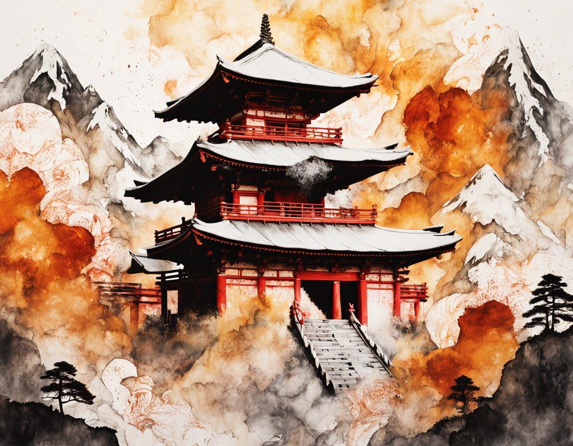 Burning Temple Silhouette in Matte Art Style