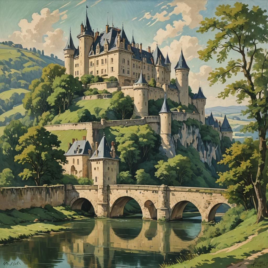 Chateau Castle and Bridge Landscape in Impressionist Style