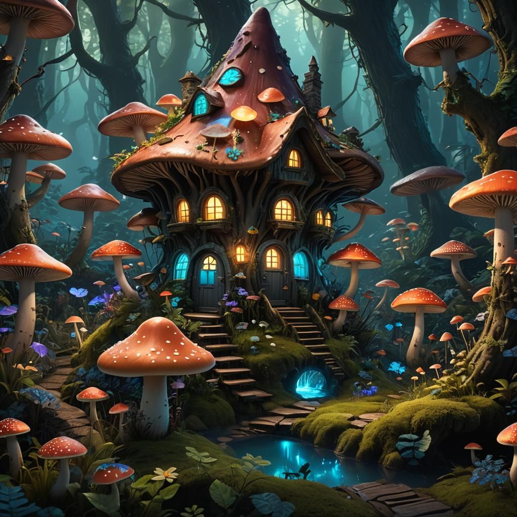 Enchanted Bioluminescent Forest: Fairy Mushroom House