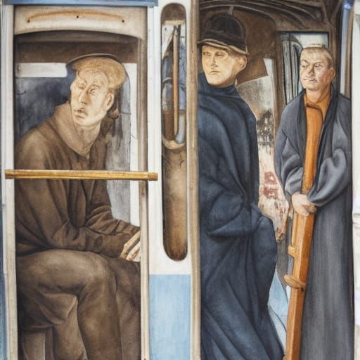 Expressionist Clerk on Tram in Urban Decay