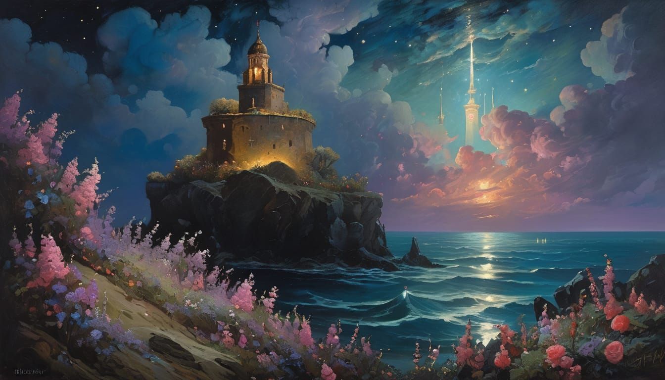 Baroque Night Landscape with Donjon Tower and Nightshade