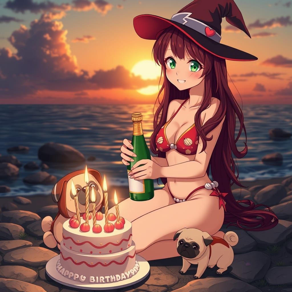 Anime Maiden Celebrates Birthday on Sun-Kissed Shore