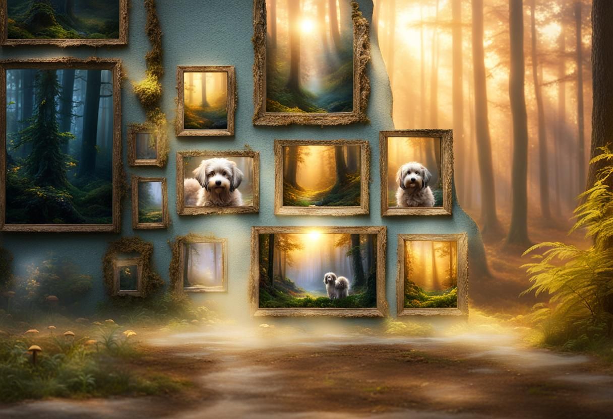 Ethereal Aussiedoodle in Misty Forest Path