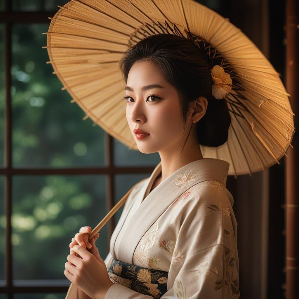 Geisha with Bamboo Umbrella in Golden Hour Light
