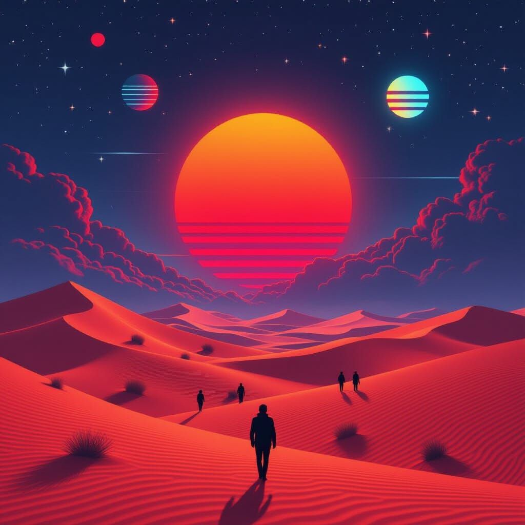 Retro-Futuristic Sci-Fi Scene with Sand Dunes and Storms