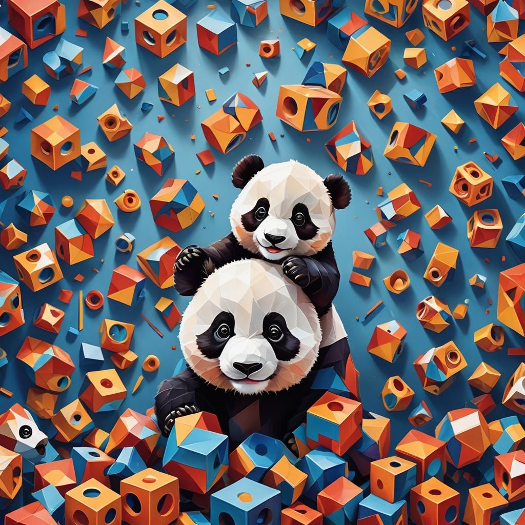 Geometric Cubism: Happy Panda Portrait in Vivid Colors