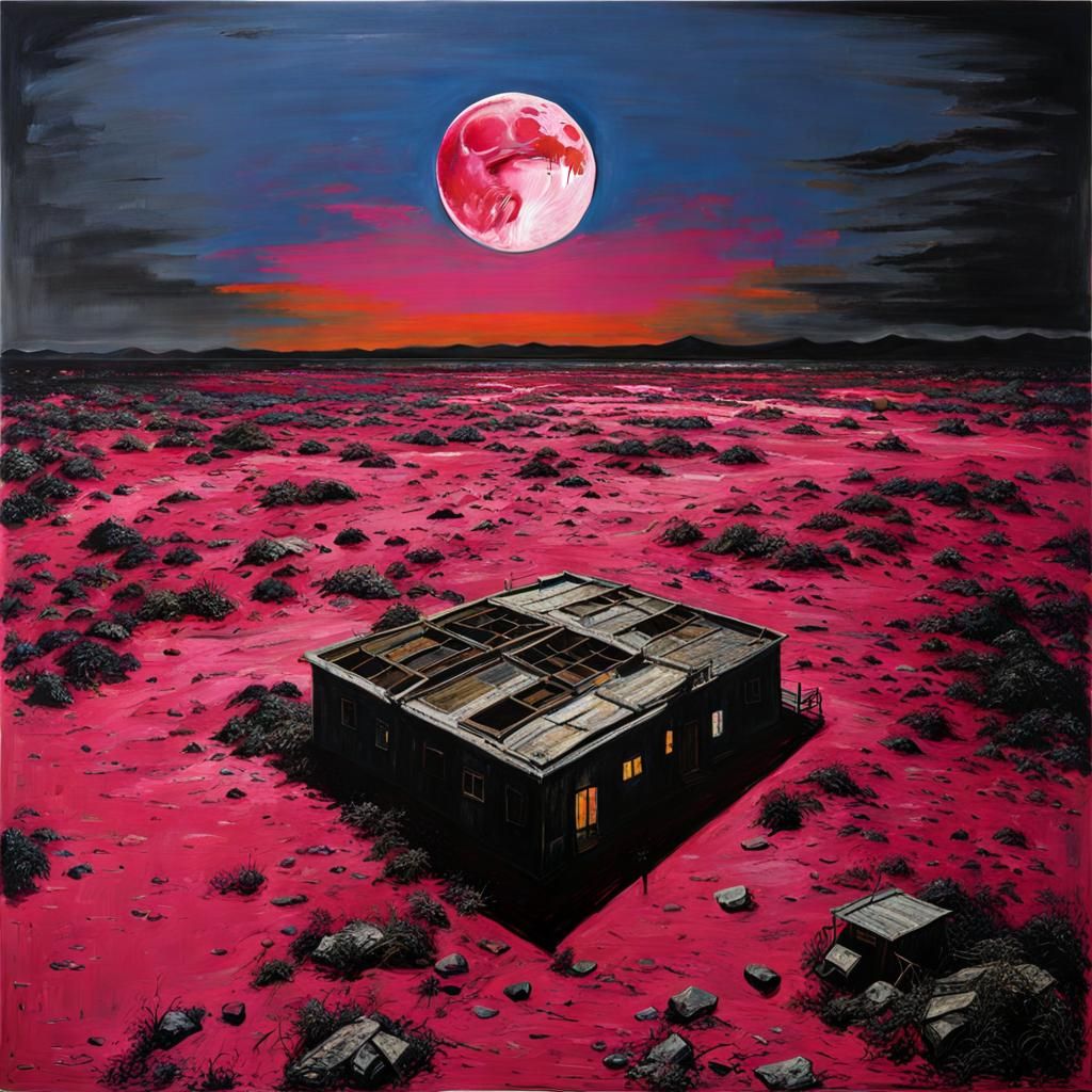 High Contrast Desert Ghost Town Under Pink Moon