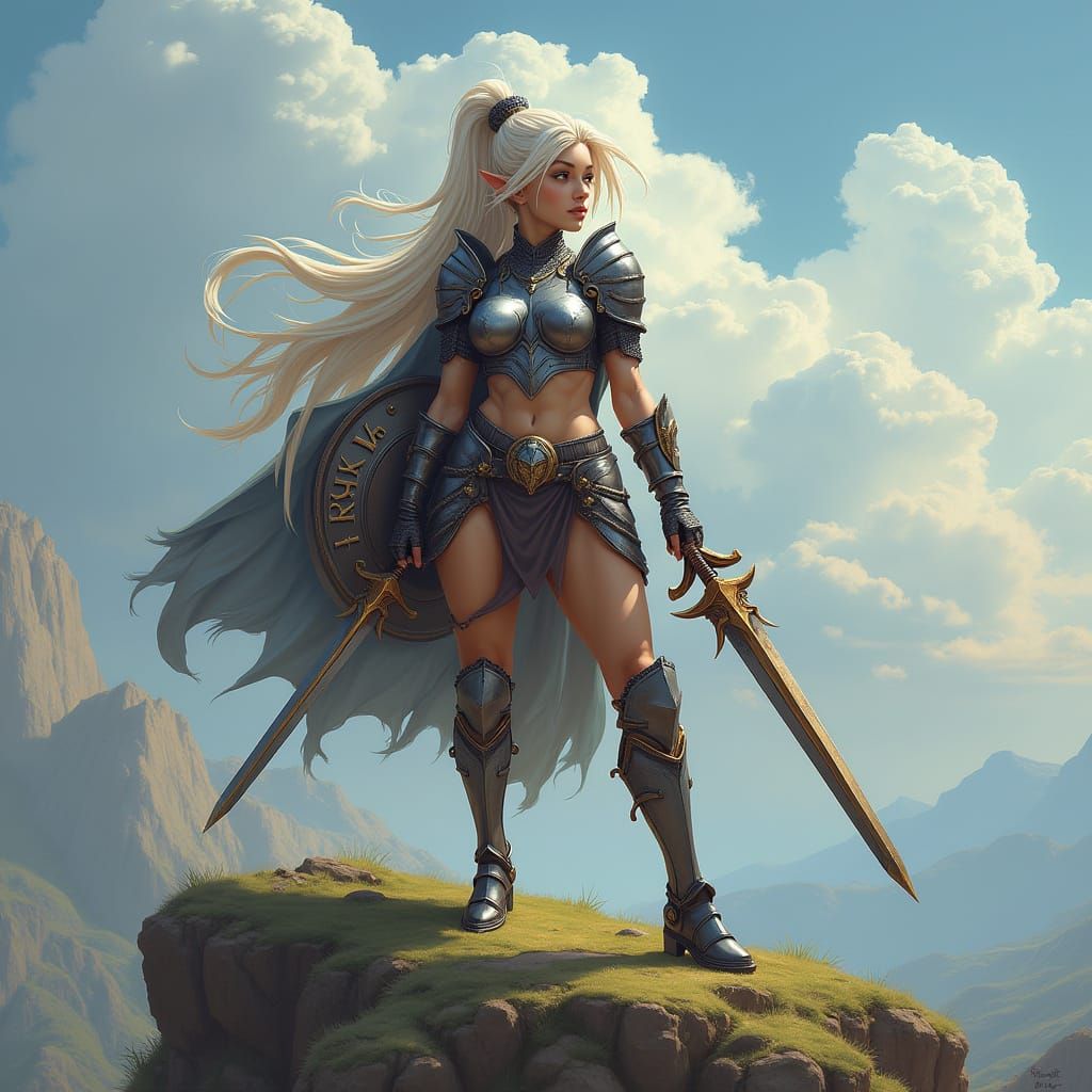 Gnome Warrior Woman in Sleek Armor Stands Heroically on a Hi...