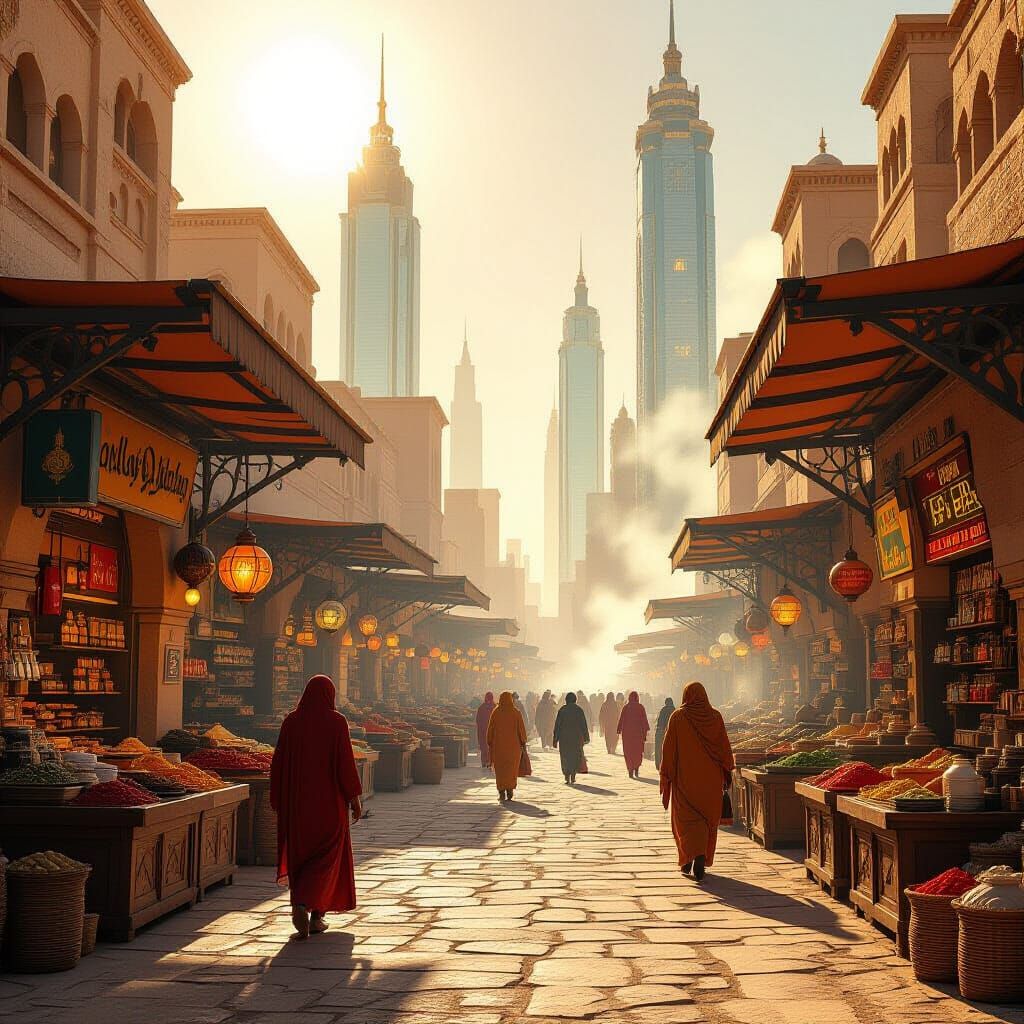 Vibrant Desert Market Amidst Gleaming Future Towers