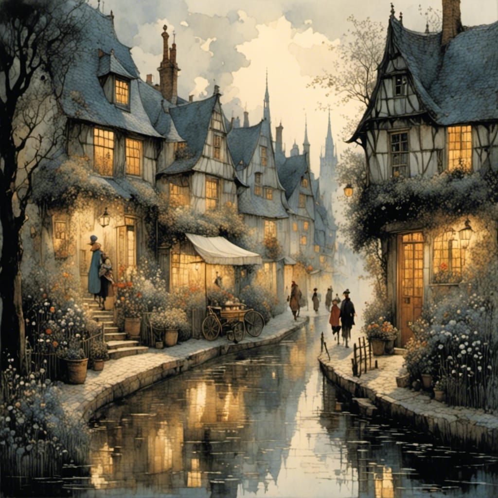 A Charming Evening Scene in a Whimsical Dutch Street