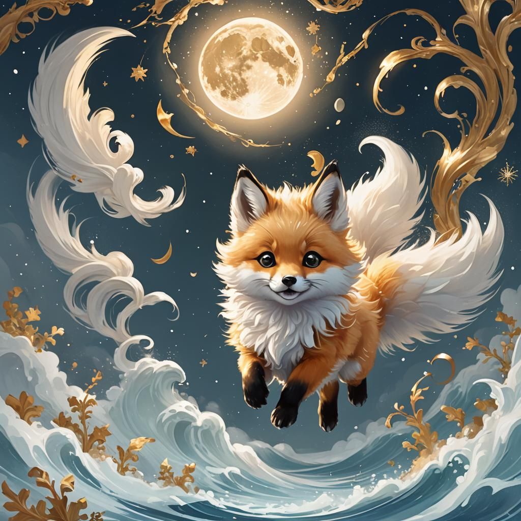 White fluffy adorablebaby  Fennex  fox leaping up_cuteness overload: rococo winter by artist "The Color Commander",bombo...