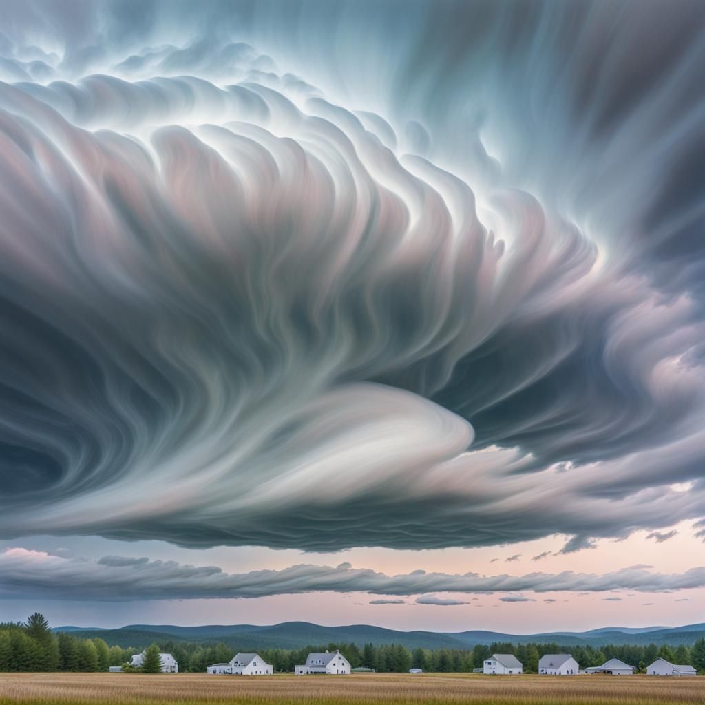 Undulatus asperatus clouds over Gorham, New Hampshire in an impressionist style, with soft lighting and muted colors, cr...