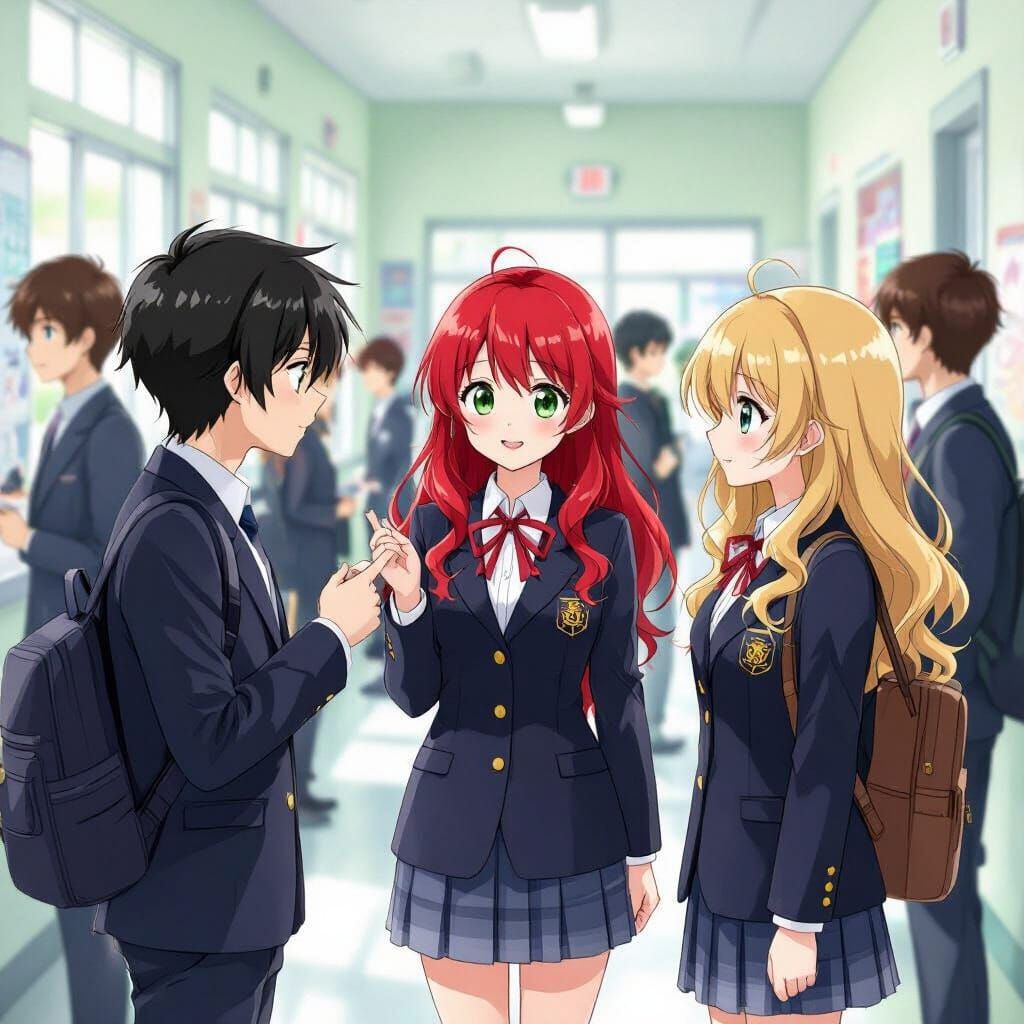 High School Girls Chatting in Manga Style