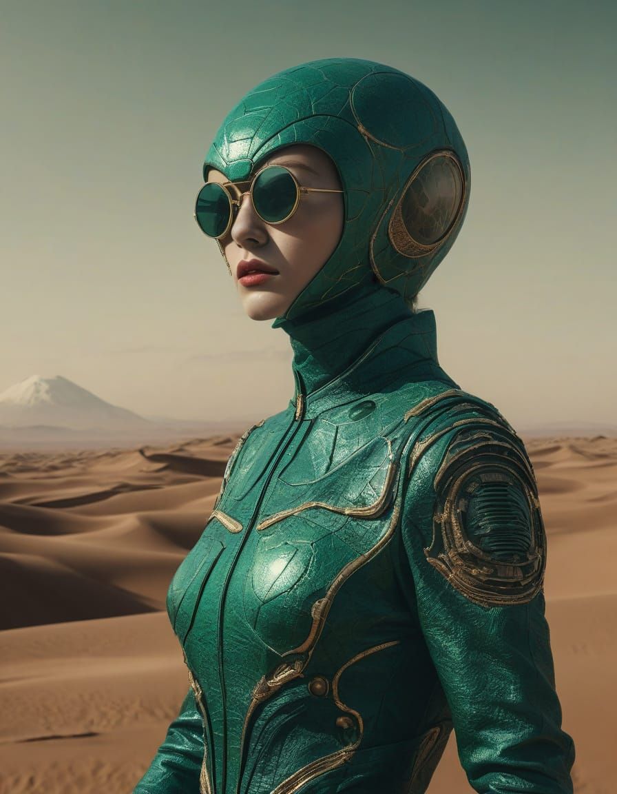 Emerald Alien Landscape in Naïve Art Style