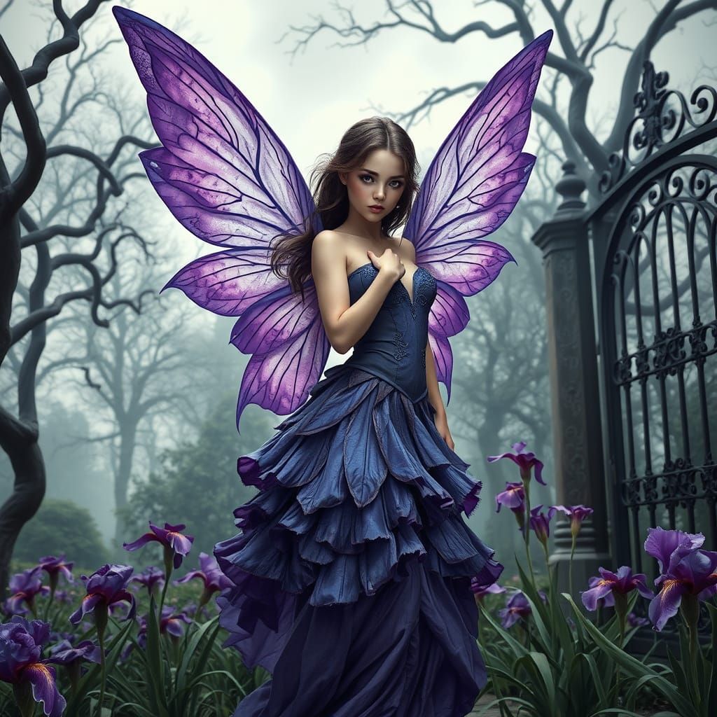 A strikingly detailed fairy with elegant wings resembling the delicate petals of purple irises. She wears a form-fitting...