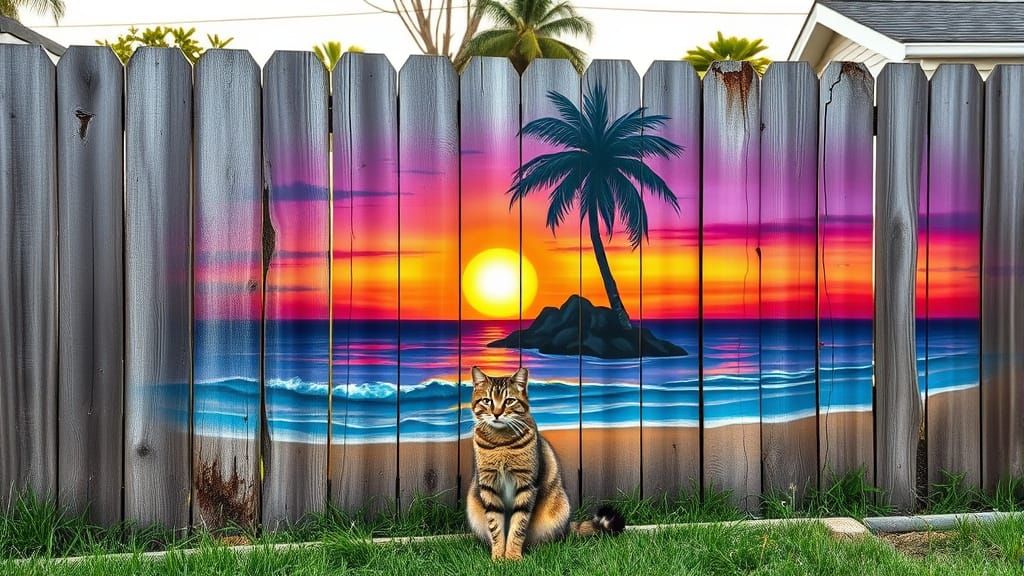 Tropical Sunset Mural on Weathered Fence in Airbrush Art