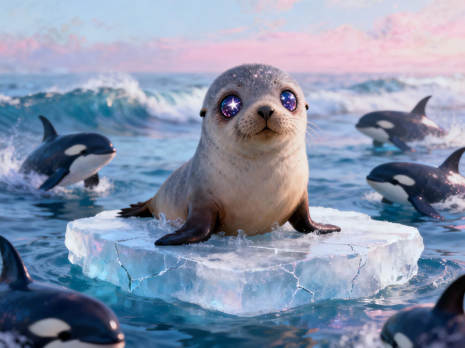 Adorable Sea Lion Trapped on Ice Slab with Circling Orcas