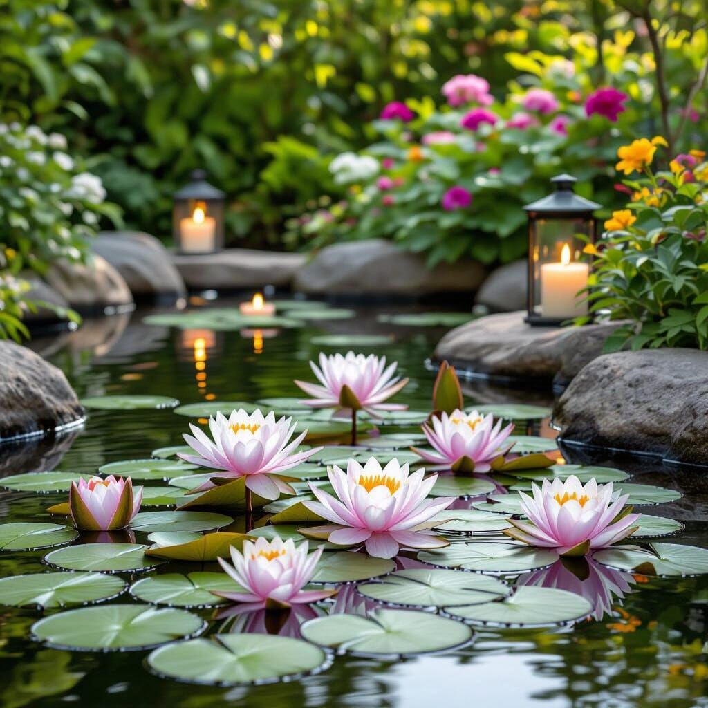 Water Lilies in Romantic Garden with Candles
