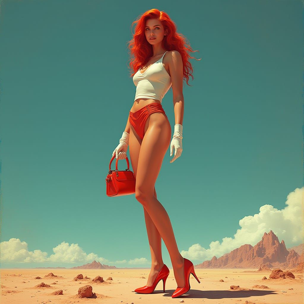 Majestic Giantess in Red Heels on Planet Surface