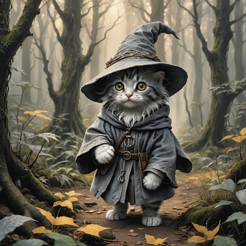 Kitten Wizard in Fangorn Forest, Watercolor Art