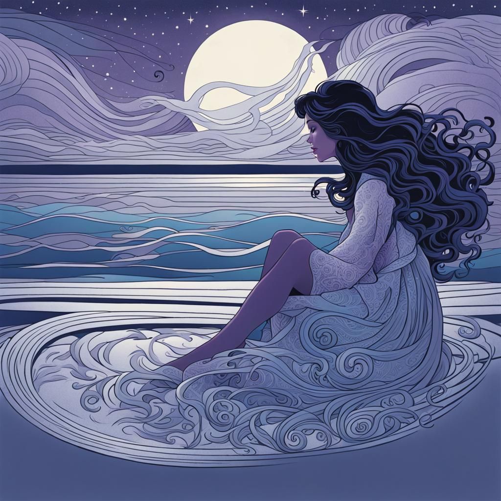 Art Nouveau Woman on Moonlit Beach