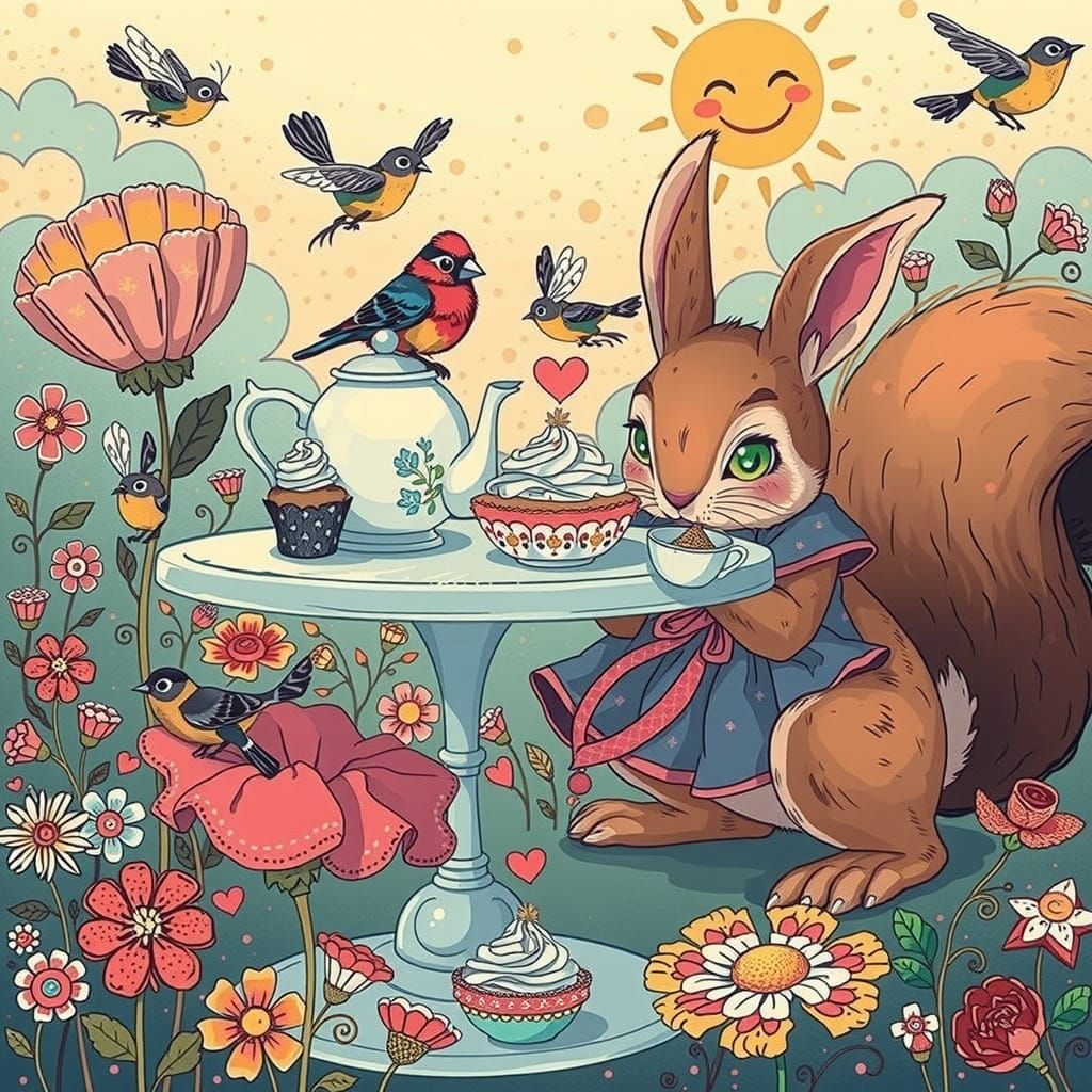 Whimsical Tea Party with Kawaii Bunnies and Squirrels