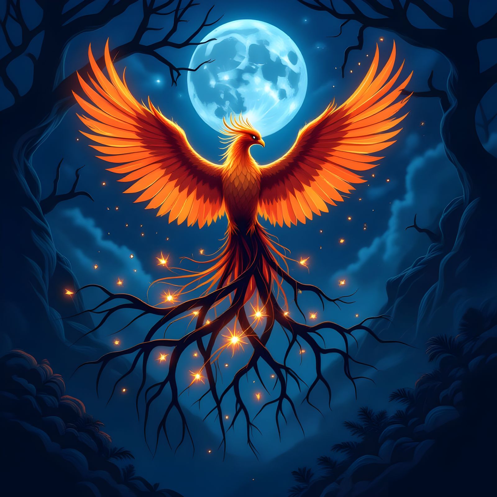 Majestic Phoenix Rises from Enchanted Roots