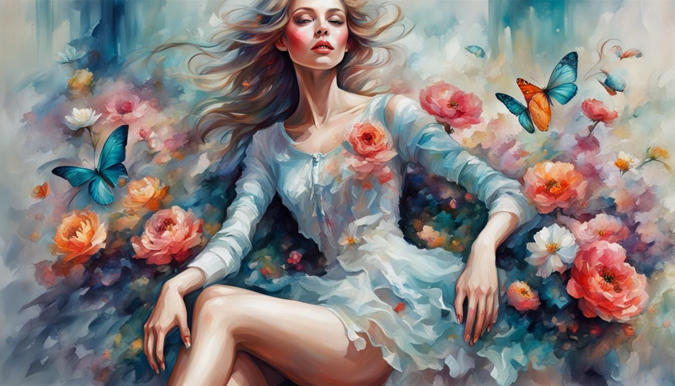 AWESOME scene mixing the styles of ALEX ALEMANY+KAROL BAK+ AMY BROWN+ COLORFUL +ELEGANT+ PORTRAIT+ YOUNG LADY+ ADORABLE+...