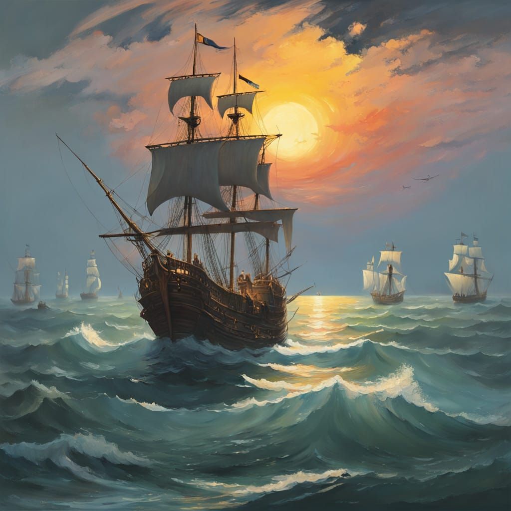 Romanticized Pirate Ship Sails Through Moonlit Waters
