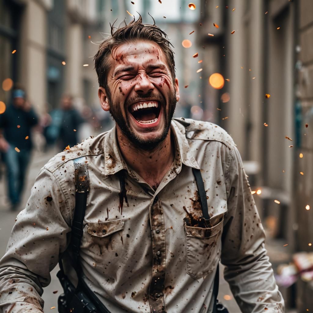 Man Laughing Off Bullet Wounds: Professional Photography