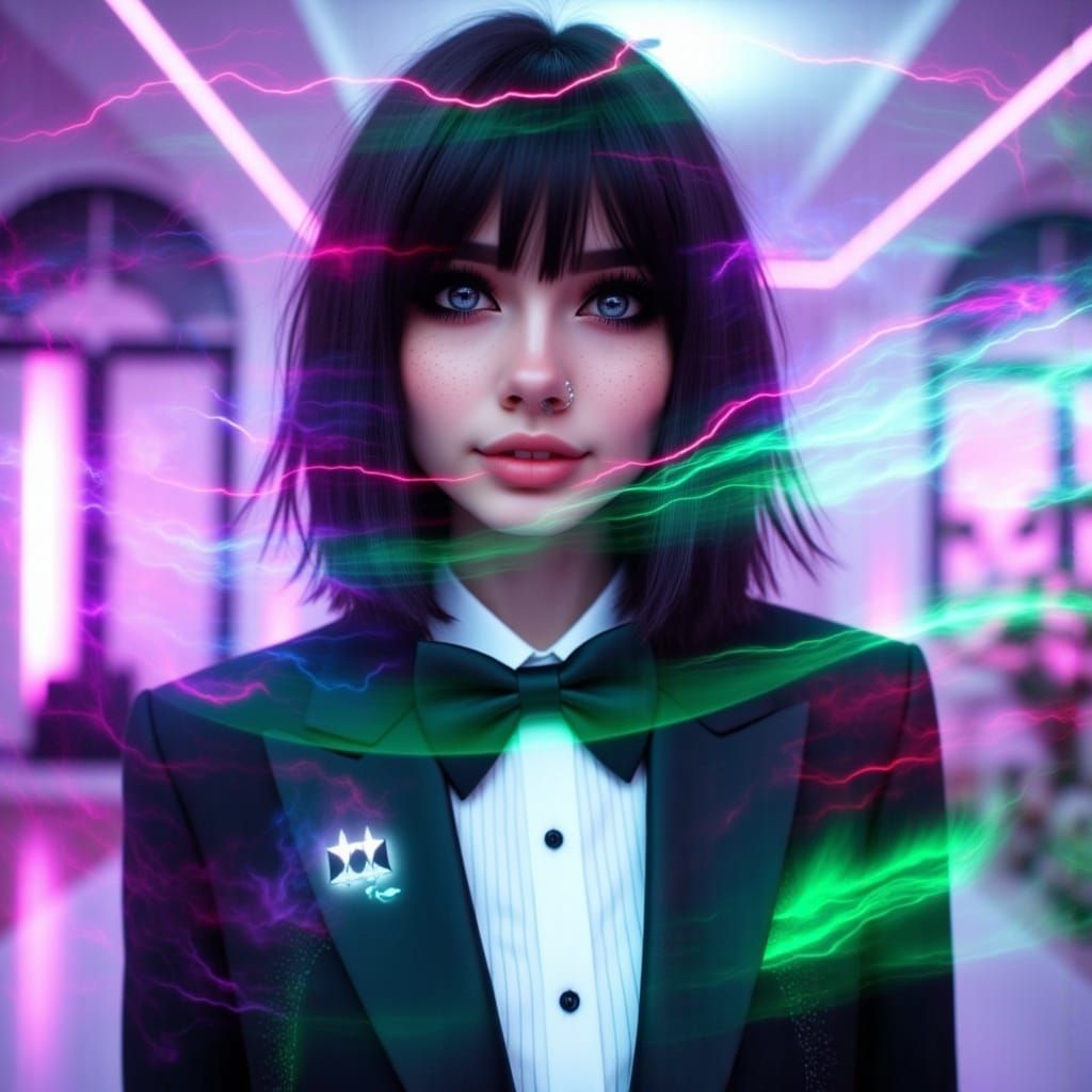Double Exposure of Alien Paradise and Woman in Tuxedo