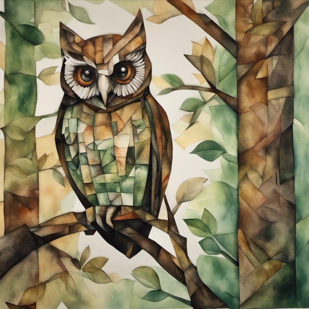 Mottled Wood Owl in Deciduous Forest, Abstract Cubism