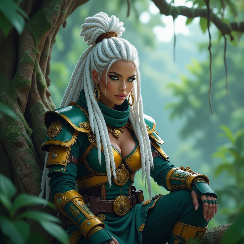 Goddess Fighter in Rainforest, Steampunk Armor Details