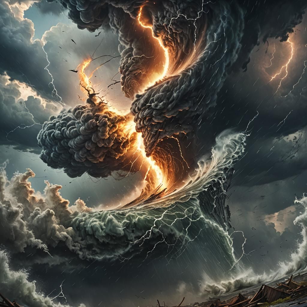 Hyperrealistic Tornado and Hurricane Merge as Splash Art