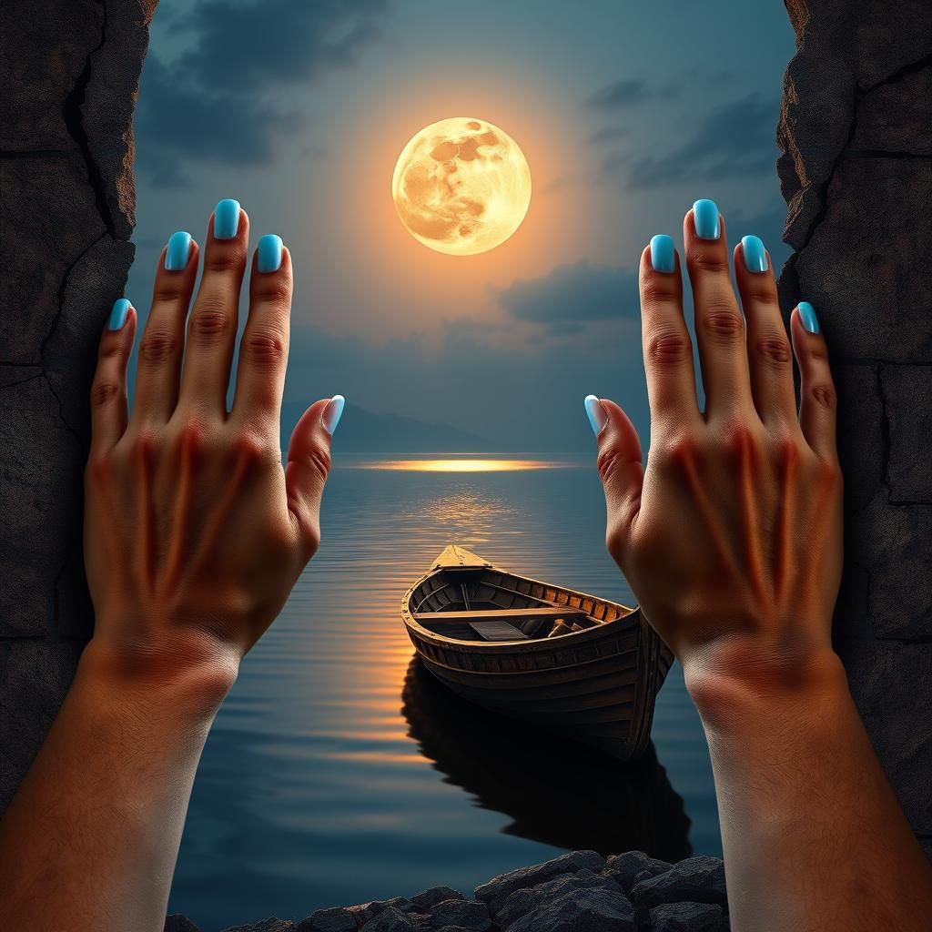 Hands Emerge from Wall at Moonlit Lake