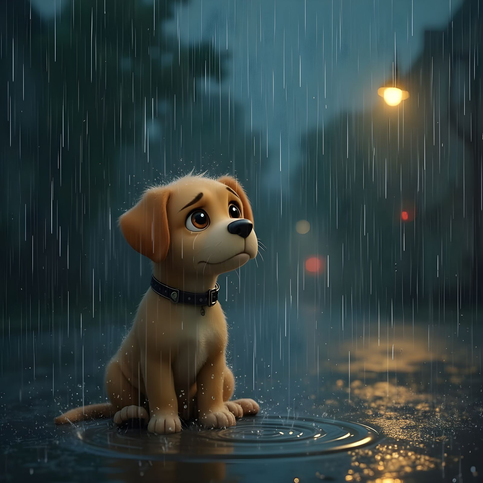 Sad Puppy in the Rain Under Streetlight