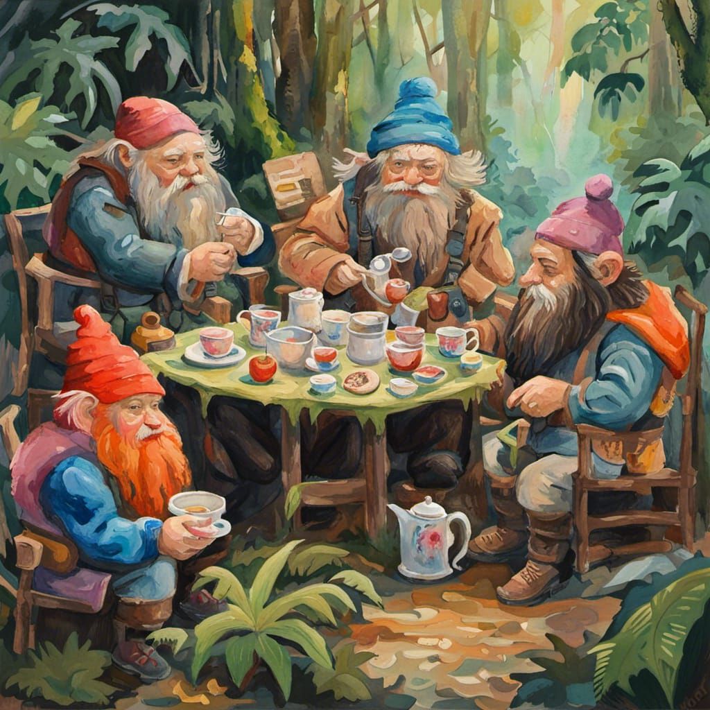 Jungle Tea Party with Dwarfs as Impasto Gouache