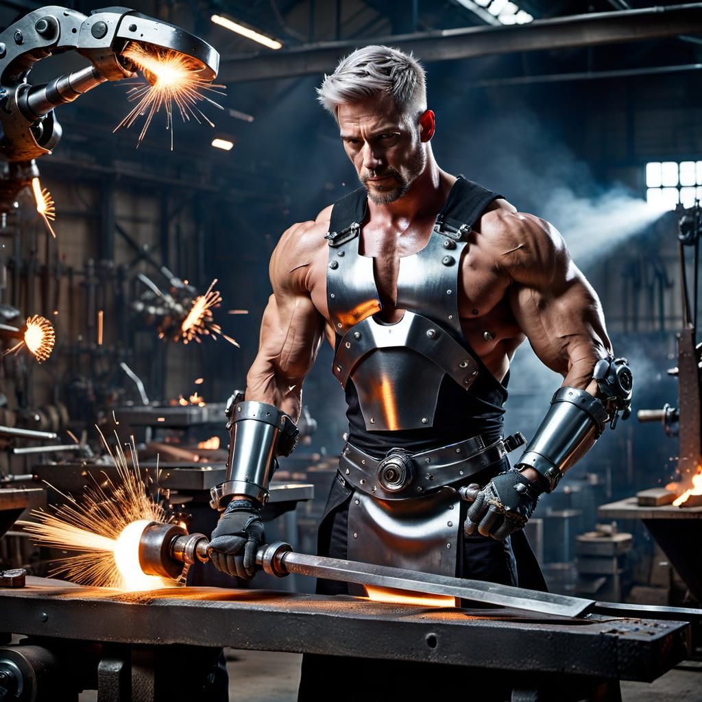 Cyborg Blacksmith Forging Robotic Leg in Sci-Fi Style