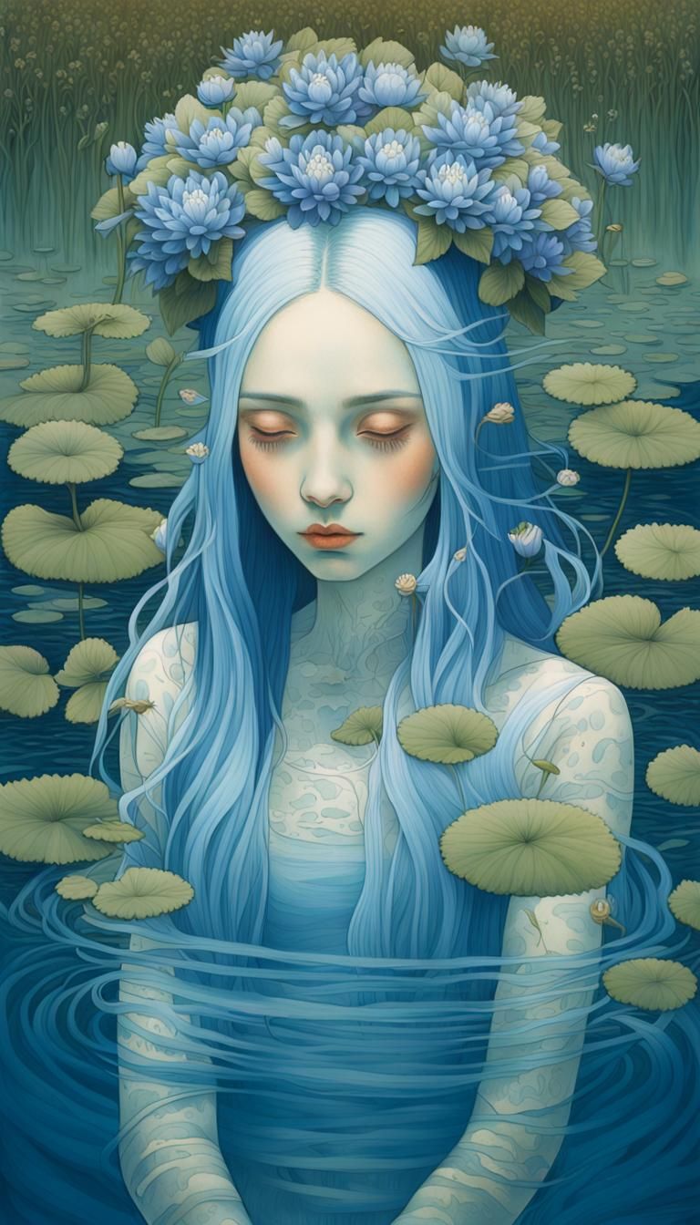 Blue-Skinned Girl Emerges from Pond in Surrealist Painting