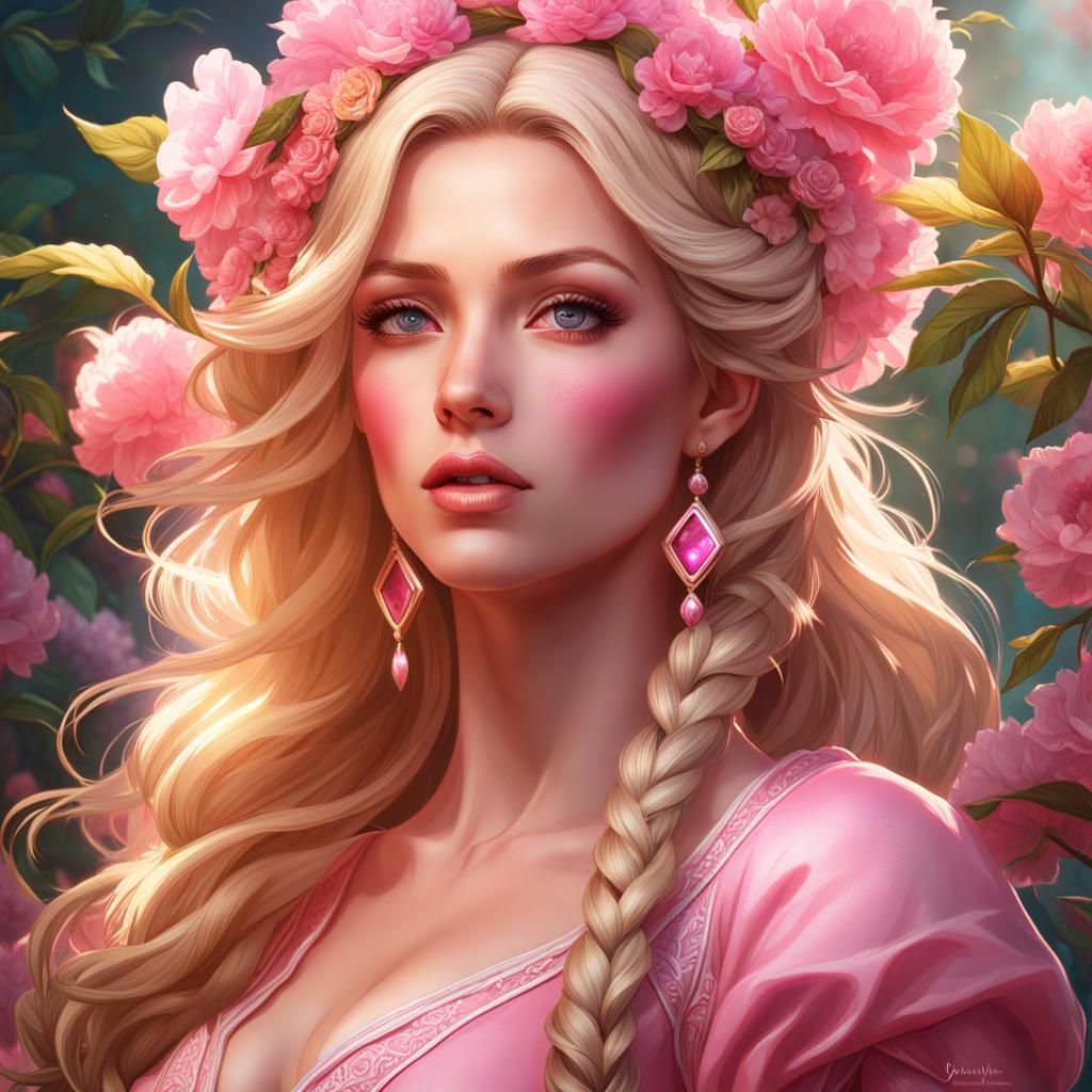 Blonde Princess Portrait in Pink Garden, Hyperdetailed Art